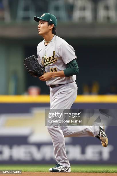 Shintaro Fujinami of the Oakland Athletics enters the game against the Milwaukee Brewers at American Family Field on June 11, 2023 in Milwaukee,...