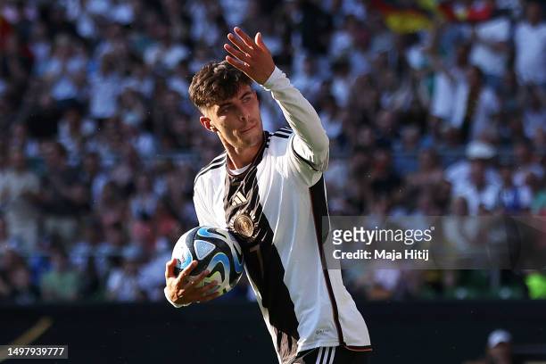 Kai Havertz of Germany celebrates after scoring the team's second goal during the International Friendly match between Germany and Ukraine at...