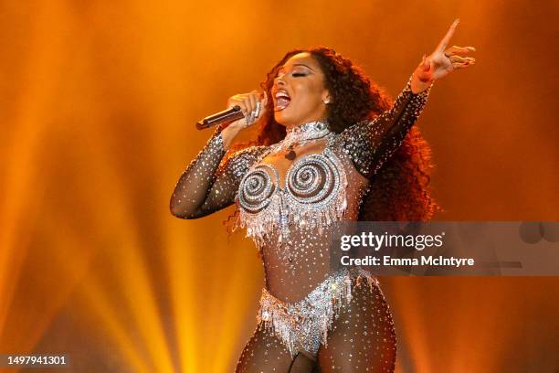 Megan Thee Stallion performs onstage at 2023 LA Pride in the Park festival at Los Angeles Historical Park on June 09, 2023 in Los Angeles, California.