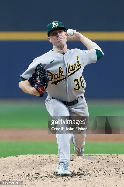 Sears of the Oakland Athletics throws a pitch in the third inning against the Milwaukee Brewers at American Family Field on June 11, 2023 in...