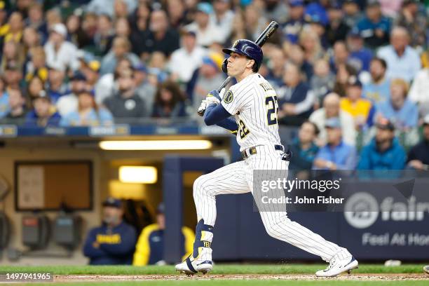 Christian Yelich of the Milwaukee Brewers hits a solo home run in the second inning against the Oakland Athletics at American Family Field on June...