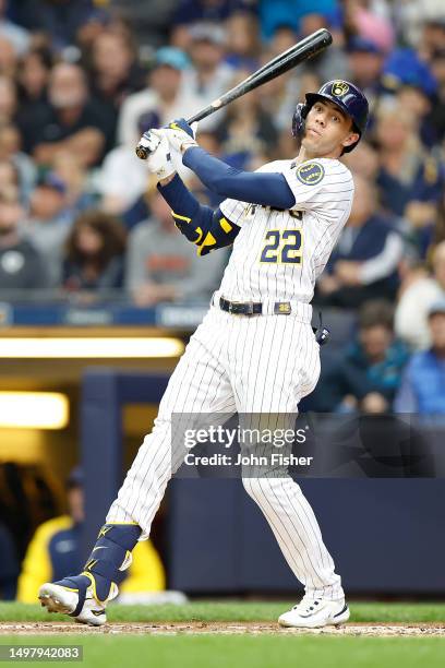 Christian Yelich of the Milwaukee Brewers up to bat against the Oakland Athletics at American Family Field on June 11, 2023 in Milwaukee, Wisconsin.