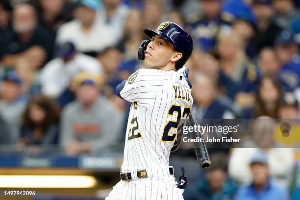 Christian Yelich of the Milwaukee Brewers up to bat against the Oakland Athletics at American Family Field on June 11, 2023 in Milwaukee, Wisconsin.