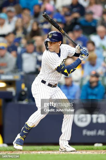 Christian Yelich of the Milwaukee Brewers up to bat against the Oakland Athletics at American Family Field on June 11, 2023 in Milwaukee, Wisconsin.