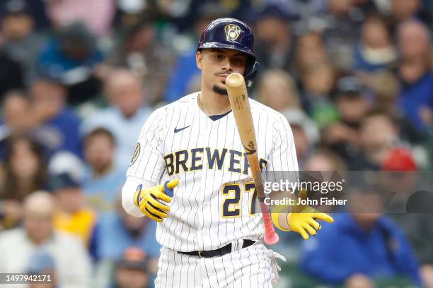 Willy Adames of the Milwaukee Brewers reacts after a pitch during the game against the Oakland Athletics at American Family Field on June 11, 2023 in...