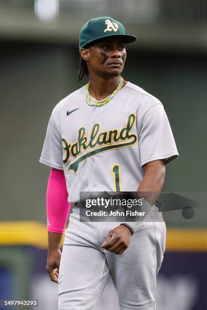 Esteury Ruiz of the Oakland Athletics before the game against the Milwaukee Brewers at American Family Field on June 11, 2023 in Milwaukee, Wisconsin.