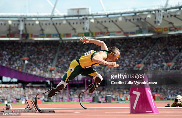 Oscar Pistorius of South Africa competes in the Men's 400m Round 1 heat on Day 8 of the 2012 London Olympic Games at the Olympic Stadium in London,...