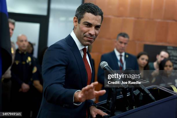 City of Miami Mayor Francis Suarez speaks to the media at the Miami Police Department about former President Donald Trump's appearance at the Wilkie...