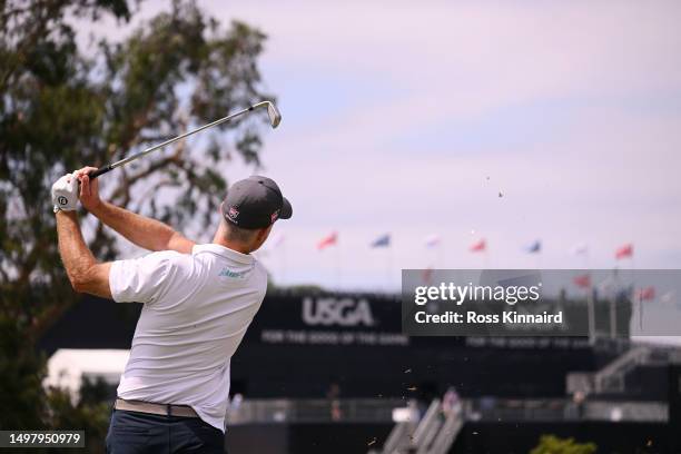 Kevin Streelman of the United States plays his shot from the ninth tee during a practice round prior to the 123rd U.S. Open Championship at The Los...