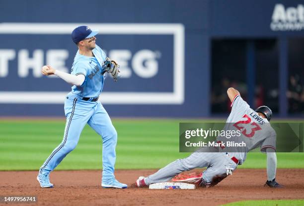 Whit Merrifield of Toronto Blue Jays turns a double play over Royce Lewis of Minnesota Twins during the first inning in their MLB game at the Rogers...
