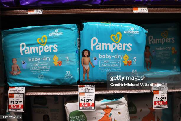 Diapers are seen on a shelf at Lincoln Market on June 12, 2023 in the Prospect Lefferts Gardens neighborhood in the Brooklyn borough of New York...