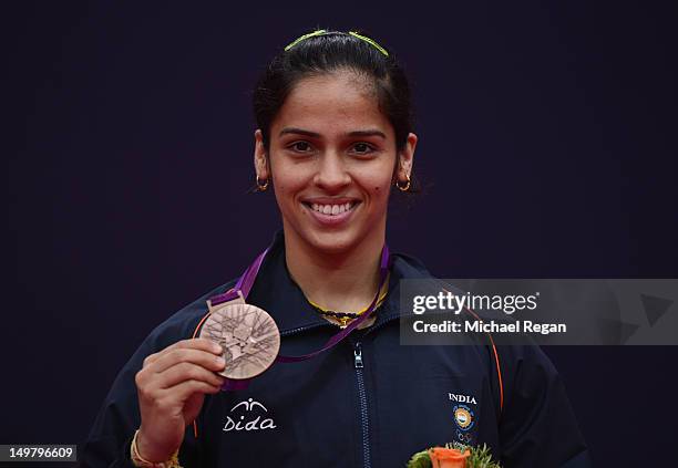 Saina Nehwal of India stands with her Bronze medal following the Women's Singles Badminton Gold Medal match on Day 8 of the London 2012 Olympic Games...