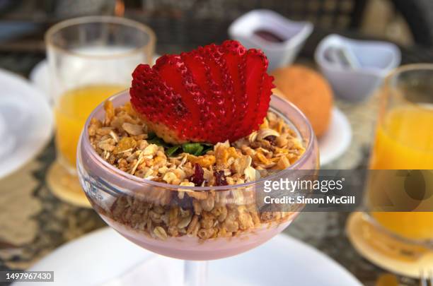 parfait of strawberry yogurt, muesli and a fresh strawberry served in a champagne coupe glass - coupe dessert stock pictures, royalty-free photos & images