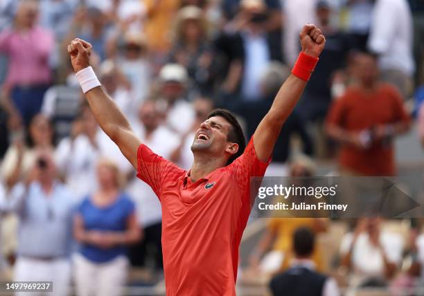 Novak Djokovic of Serbia celebrates defeating Casper Ruud of Norway in the Men's Singles Final match on Day Fifteen of the 2023 French Open at Roland...