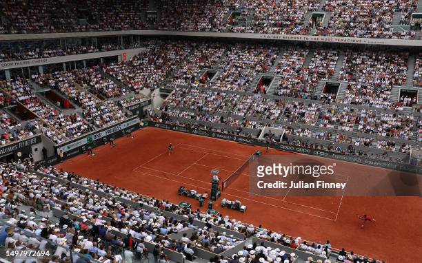 General view of Novak Djokovic of Serbia playing against Casper Ruud of Norway in the Men's Singles Final match on Day Fifteen of the 2023 French...