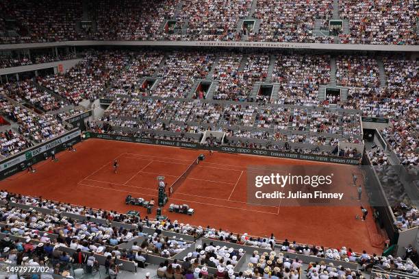 General view of Novak Djokovic of Serbia playing against Casper Ruud of Norway in the Men's Singles Final match on Day Fifteen of the 2023 French...