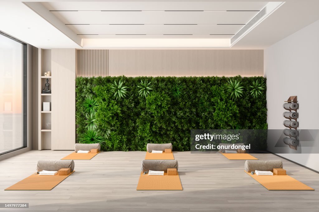 Leerer Yoga-Studio-Innenraum mit Trainingsmatten, Kissen, Yogablöcken und ummauertem Garten