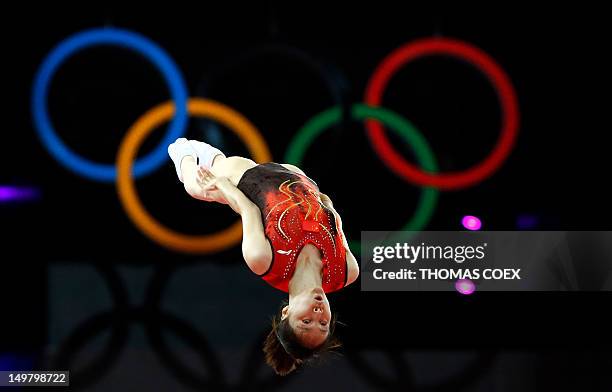 China's Shanshan Huang competes in the women's trampoline final of the artistic gymnastics event of the London 2012 Olympic Games in London on August...