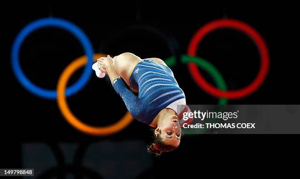 Savannah Vinsant competes in the women's trampoline final of the artistic gymnastics event of the London 2012 Olympic Games in London on August 4,...