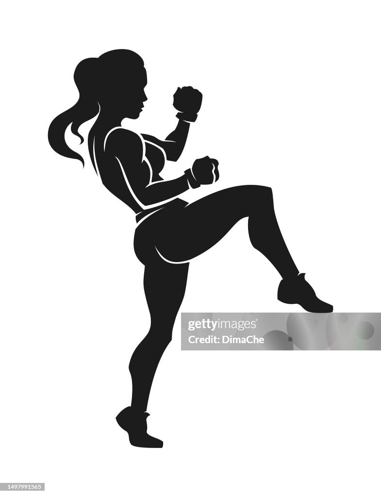 Chica deportista con guantes de boxeo entrenando pateando con la pierna - recorte silueta vectorial