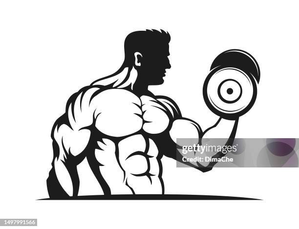 stockillustraties, clipart, cartoons en iconen met muscular bodybuilder with dumbbells exercising - cut out vector silhouette - macho