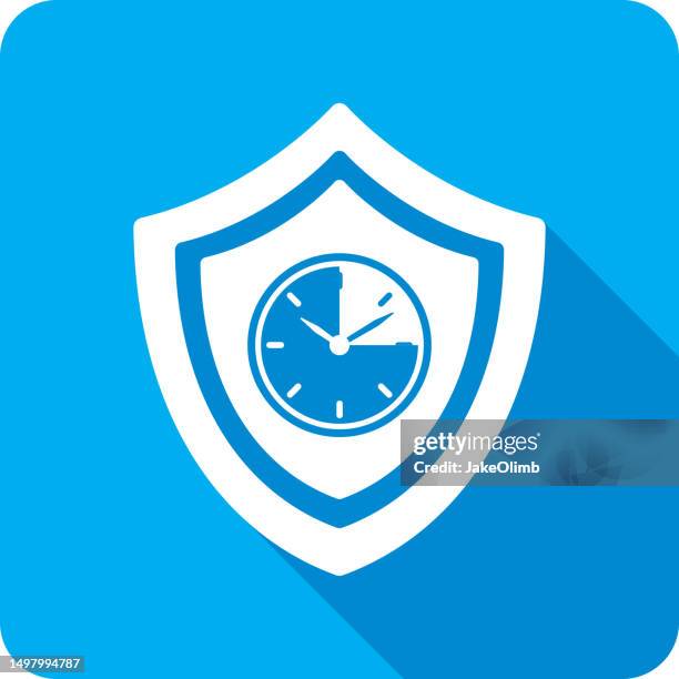 shield fifteen minutes clock icon silhouette - time blocking stock illustrations