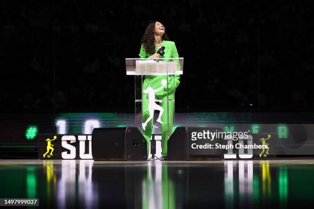 Sue Bird speaks during her jersey retirement ceremony after the game between the Seattle Storm and the Washington Mystics at Climate Pledge Arena on...