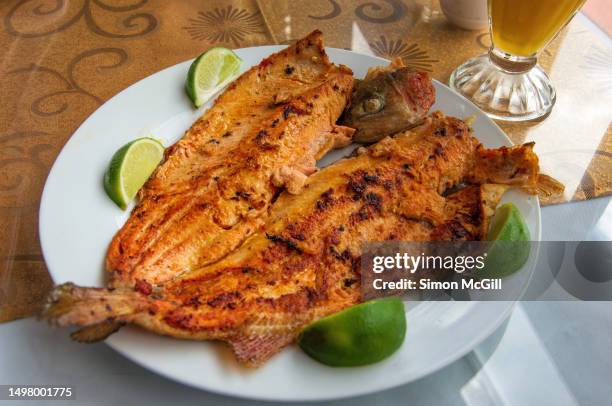 whole butterflied and grilled trout served on a plate with lime wedges - trout stock pictures, royalty-free photos & images
