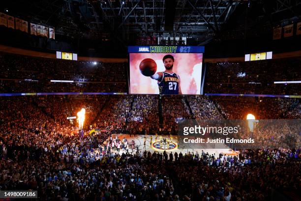 General view as Jamal Murray of the Denver Nuggets is introduced prior to Game Five of the 2023 NBA Finals against the Miami Heat at Ball Arena on...