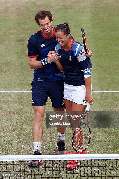 Laura Robson and Andy Murray of Great Britain celebrate after defeating Christopher Kas and Sabine Lisicki of Germany in their Mixed Doubles Tennis...