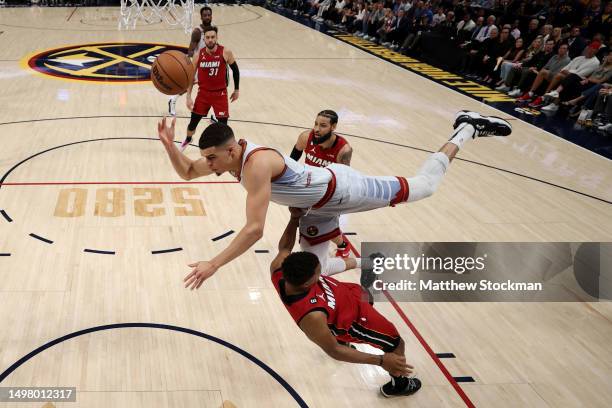 Michael Porter Jr. #1 of the Denver Nuggets drives to the basket against Kyle Lowry of the Miami Heat during the first quarter in Game Five of the...