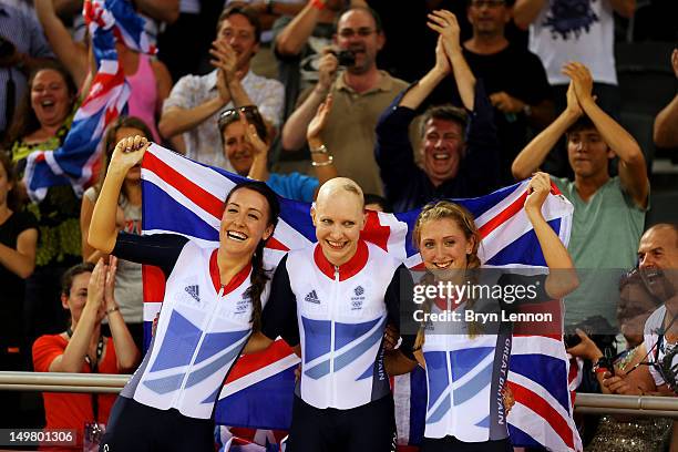 Dani King, Joanna Rowsell, and Laura Trott of Great Britain celebrate winning the Gold medal and breaking the World Record in the Women's Team...