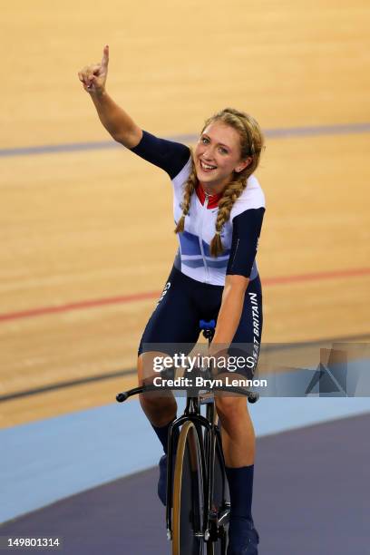 Laura Trott of Great Britain celebrates winning the Gold medal and breaking the World Record in the Women's Team Pursuit Track Cycling Finals on Day...