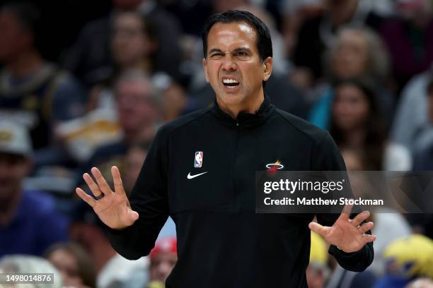 Head coach Erik Spoelstra of the Miami Heat reacts during the second quarter against the Denver Nuggets in Game Five of the 2023 NBA Finals at Ball...