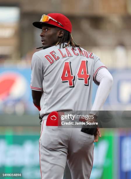 Elly De La Cruz of the Cincinnati Reds in action during the game against the Kansas City Royals at Kauffman Stadium on June 12, 2023 in Kansas City,...