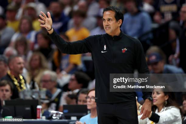 Head coach Erik Spoelstra of the Miami Heat reacts during the second quarter against the Denver Nuggets in Game Five of the 2023 NBA Finals at Ball...