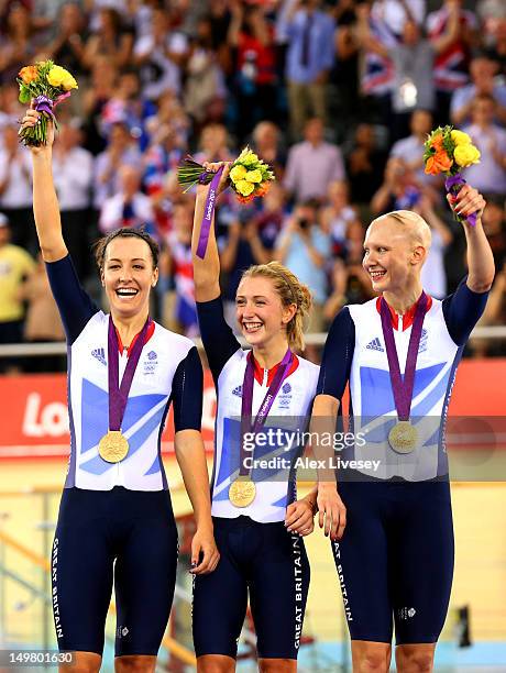 Dani King, Laura Trott, and Joanna Rowsell of Great Britain celebrate with their Gold medals in the medal ceremony for the Women's Team Pursuit Track...