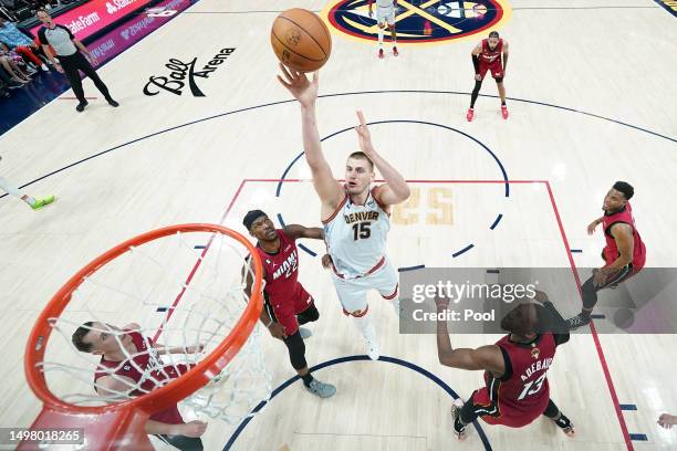Nikola Jokic of the Denver Nuggets shoots the ball during the second quarter against the Miami Heat in Game Five of the 2023 NBA Finals at Ball Arena...