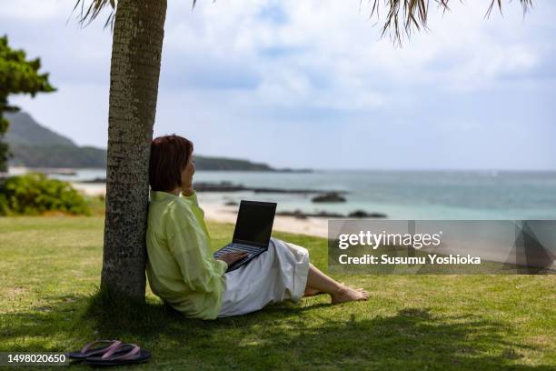 a woman working on her laptop at a resort on a southern island. - 鹿児島県 stockfoto's en -beelden