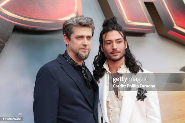 Andrés Muschietti and Ezra Miller attend the Los Angeles premiere of Warner Bros. "The Flash" at Ovation Hollywood on June 12, 2023 in Hollywood,...