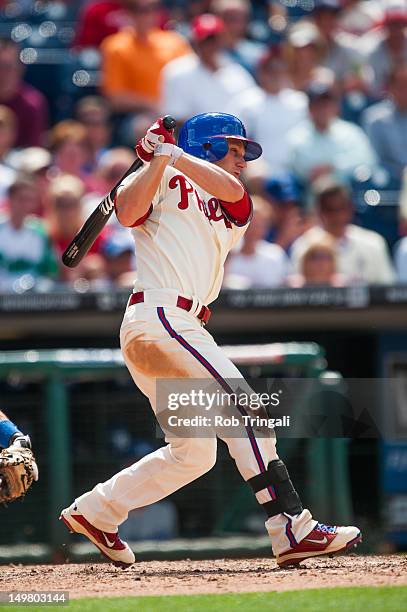 Mike Fontenot of the Philadelphia Phillies bats during the game against the Los Angeles Dodgers at Citizens Bank Park on June 7, 2012 in...