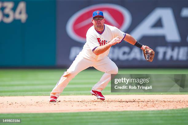 Mike Fontenot of the Philadelphia Phillies defends his position during the game against the Los Angeles Dodgers at Citizens Bank Park on June 7, 2012...