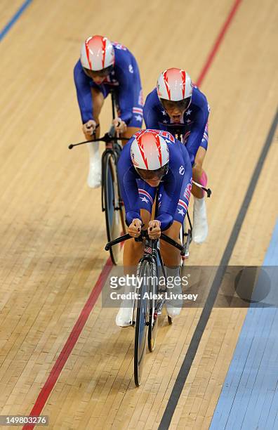 Dotsie Bausch, Lauren Tamayo and Sarah Hammer of the United States win the Silver medal in the Women's Team Pursuit Track Cycling Finals on Day 8 of...