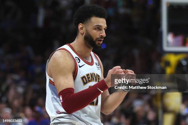 Jamal Murray of the Denver Nuggets reacts during the fourth quarter against the Miami Heat in Game Five of the 2023 NBA Finals at Ball Arena on June...