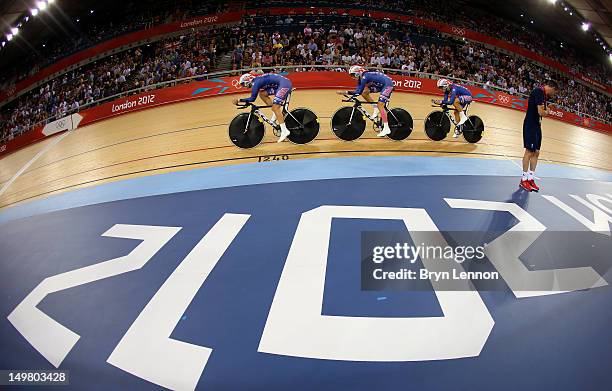 Dotsie Bausch, Lauren Tamayo and Sarah Hammer of the United States win the Silver medal in the Women's Team Pursuit Track Cycling Finals on Day 8 of...