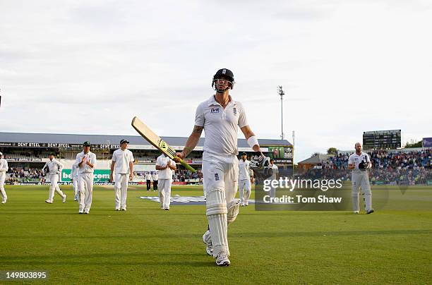 Kevin Pietersen of England walks off at the end of play after making a century during day 3 of the 2nd Investec Test Match between England and South...