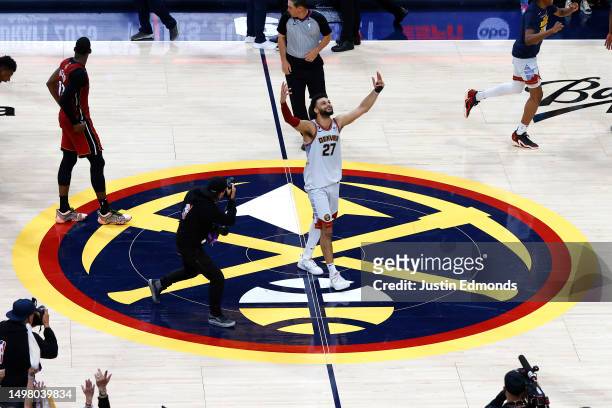 Jamal Murray of the Denver Nuggets celebrates after a 94-89 victory against the Miami Heat in Game Five of the 2023 NBA Finals to win the NBA...