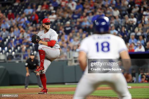 Pitcher Ricky Karcher of the Cincinnati Reds pitches in the bottom of the 10th inning in his Major League debut during the game against the Kansas...