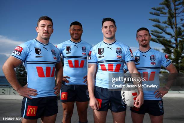 Reece Robson, Stefano Utoikamanu, Mitchell Moses and Damien Cook of the Blues pose during a New South Wales Blues State of Origin media opportunity...