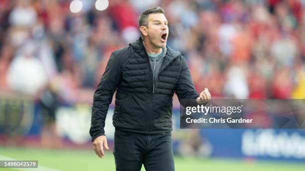 Greg Vanney head coach of the Los Angeles Galaxy argues a call with a linesman during the first half of the quarterfinals of the 2023 U.S. Open Cup...